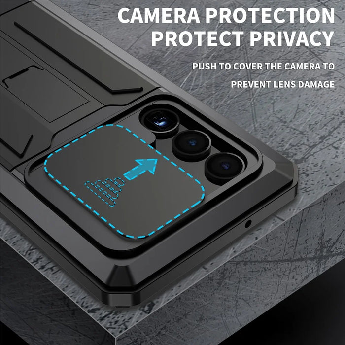 R-JUST For Samsung Galaxy S23 Ultra Slide Camera Lid PC+Silicone+Metal Phone Anti-drop Case Hidden Kickstand Back Cover with Tempered Glass Screen Protector - Black - 3