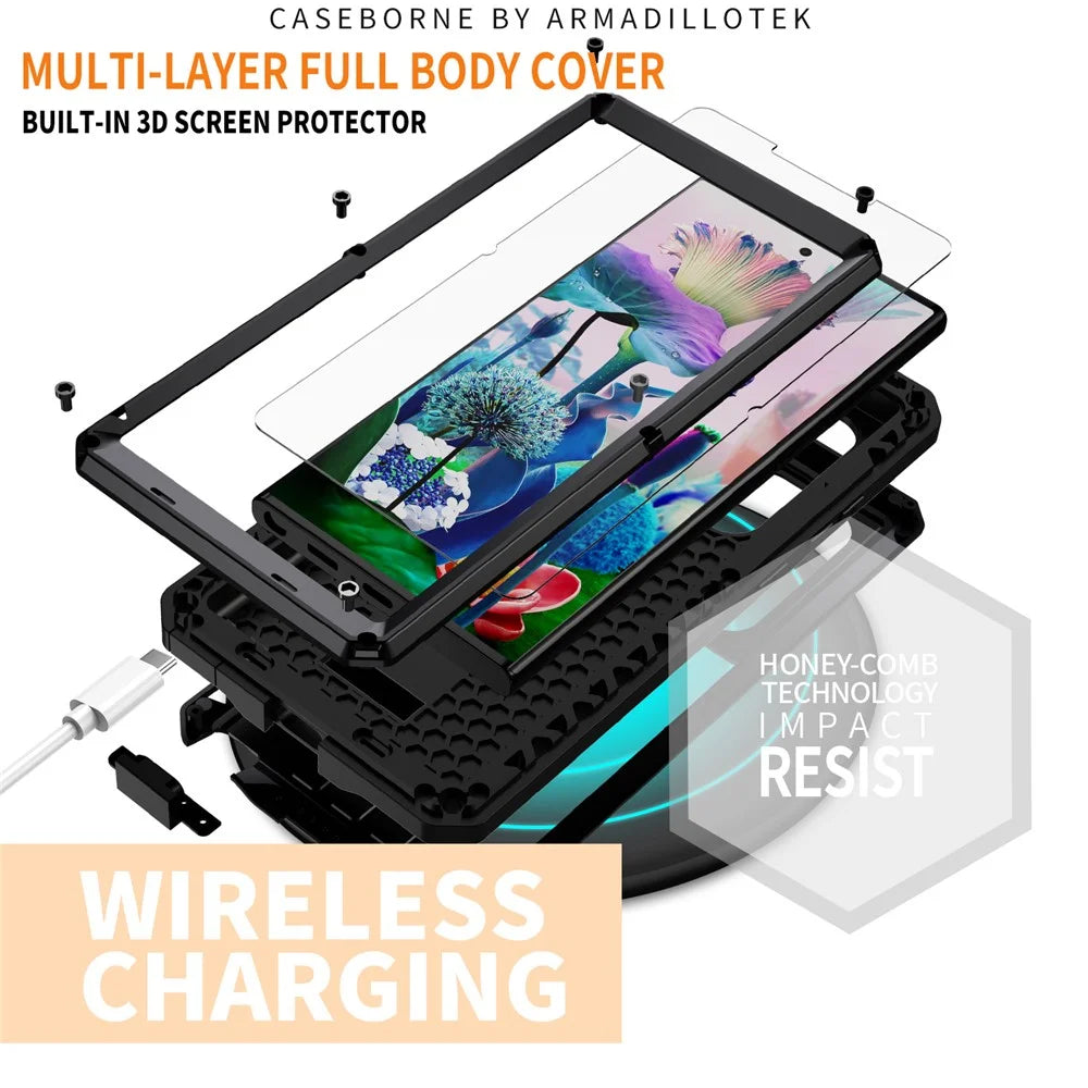 R-JUST For Samsung Galaxy S23 Ultra Slide Camera Lid PC+Silicone+Metal Phone Anti-drop Case Hidden Kickstand Back Cover with Tempered Glass Screen Protector - Black - 4