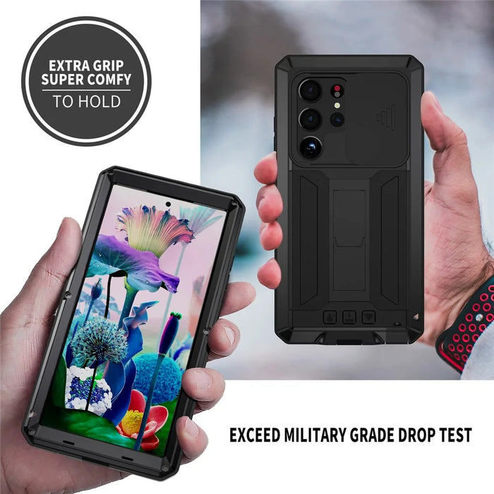R-JUST For Samsung Galaxy S23 Ultra Slide Camera Lid PC+Silicone+Metal Phone Anti-drop Case Hidden Kickstand Back Cover with Tempered Glass Screen Protector - Black - 5