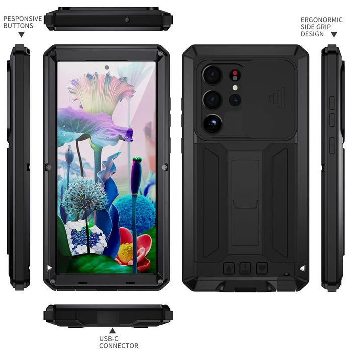 R-JUST For Samsung Galaxy S23 Ultra Slide Camera Lid PC+Silicone+Metal Phone Anti-drop Case Hidden Kickstand Back Cover with Tempered Glass Screen Protector - Black - 7