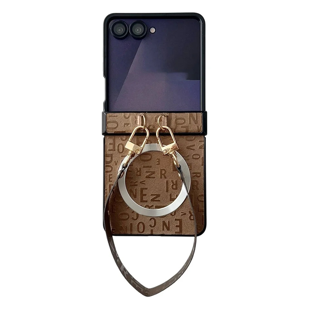 For Samsung Galaxy Z Flip8 Magnetic Case Letter Pattern Leather + PC Foldable Phone Cover with Lanyard - Brown - 1
