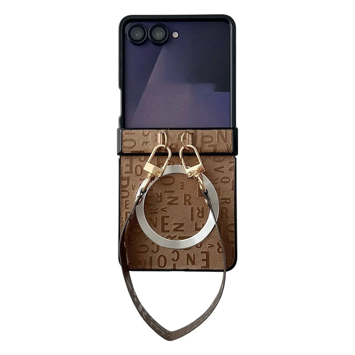 For Samsung Galaxy Z Flip8 Magnetic Case Letter Pattern Leather + PC Foldable Phone Cover with Lanyard - Brown - 1