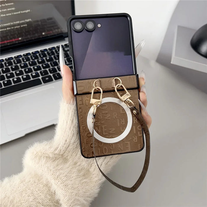 For Samsung Galaxy Z Flip8 Magnetic Case Letter Pattern Leather + PC Foldable Phone Cover with Lanyard - Brown - 2