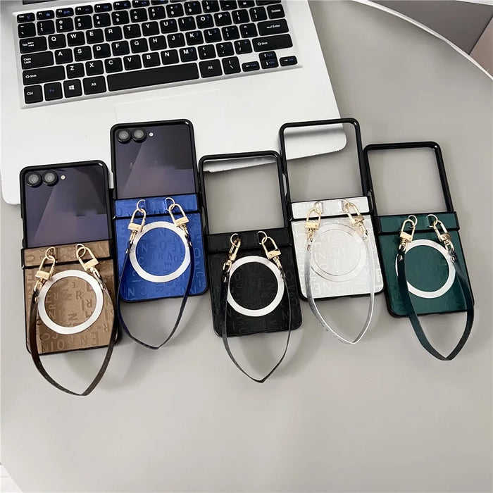 For Samsung Galaxy Z Flip8 Magnetic Case Letter Pattern Leather + PC Foldable Phone Cover with Lanyard - Brown - 7