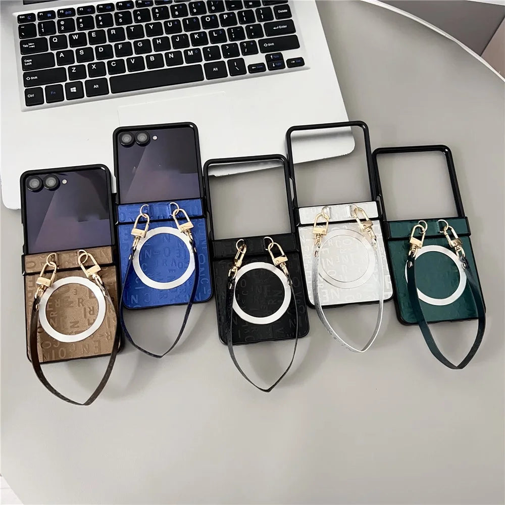 For Samsung Galaxy Z Flip7 5G Magnetic Case Letter Pattern Leather + PC Foldable Phone Cover with Lanyard - Brown - 7