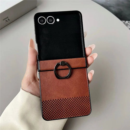 For Samsung Galaxy Z Flip8 Case Plaid Grid Pattern Leather + PC Foldable Phone Cover with Ring Kickstand - Brown - 1