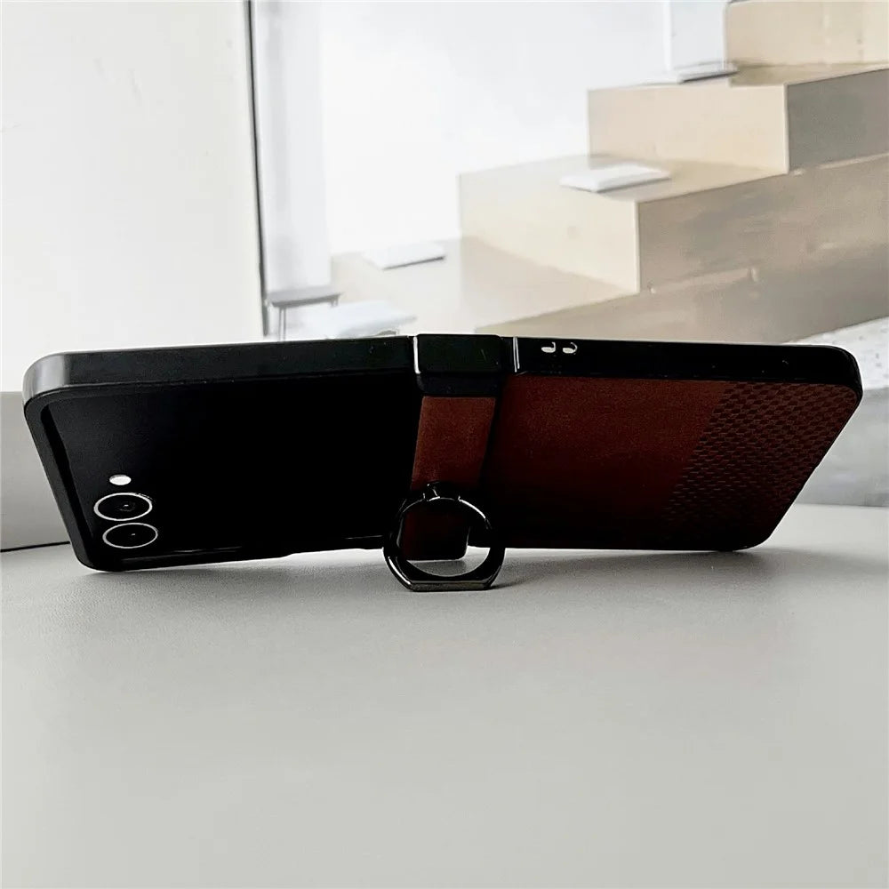 For Samsung Galaxy Z Flip8 Case Plaid Grid Pattern Leather + PC Foldable Phone Cover with Ring Kickstand - Brown - 2