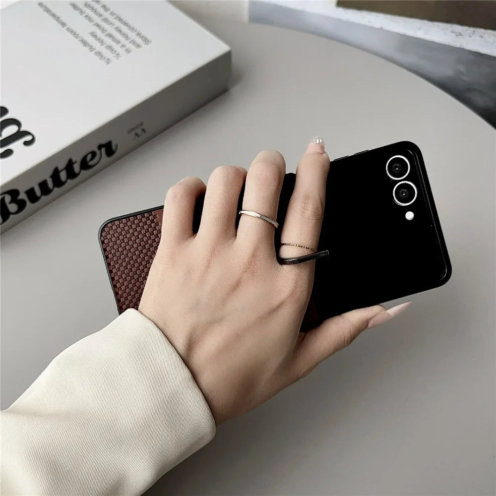 For Samsung Galaxy Z Flip8 Case Plaid Grid Pattern Leather + PC Foldable Phone Cover with Ring Kickstand - Brown - 3