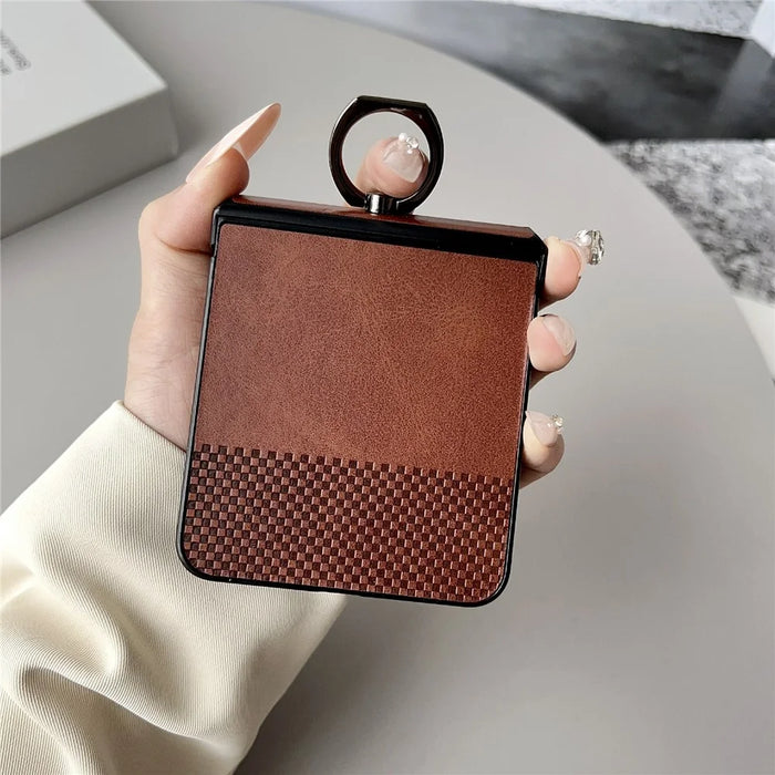 For Samsung Galaxy Z Flip7 5G Case Plaid Grid Pattern Leather + PC Foldable Phone Cover with Ring Kickstand - Brown - 7