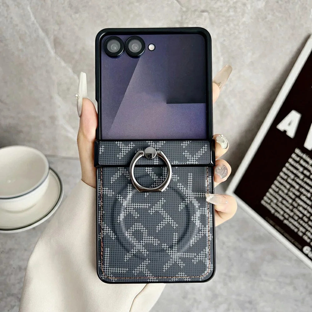 For Samsung Galaxy Z Flip8 Magnetic Case Pixelated Letter Pattern Leather + PC Folding Phone Cover with Ring Kickstand - Black - 1