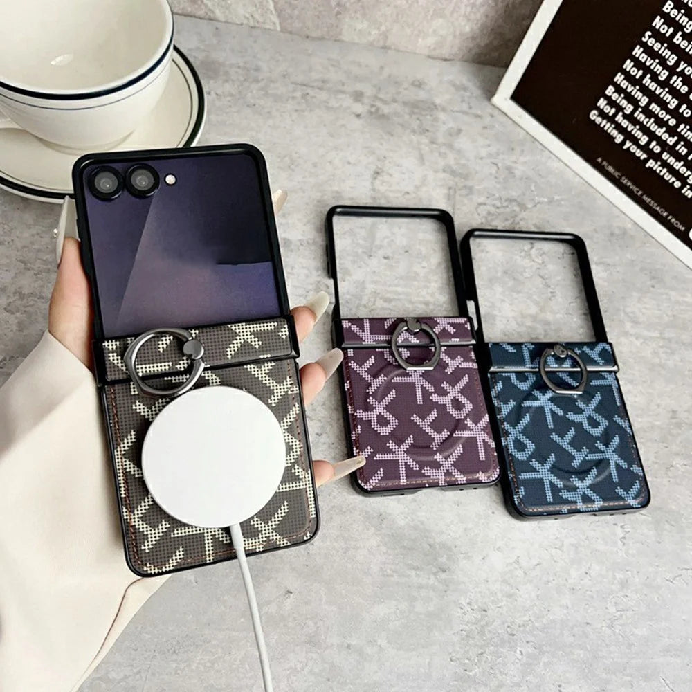 For Samsung Galaxy Z Flip8 Magnetic Case Pixelated Letter Pattern Leather + PC Folding Phone Cover with Ring Kickstand - Black - 2