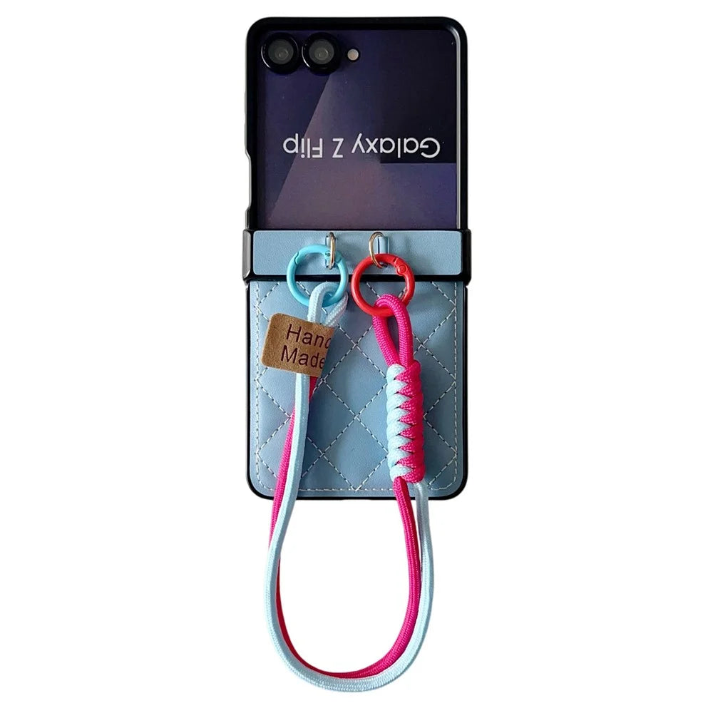For Samsung Galaxy Z Flip8 Case Air Cushion V-Pattern Diamond Grid Leather + PC Phone Cover with Lanyard - Blue - 1