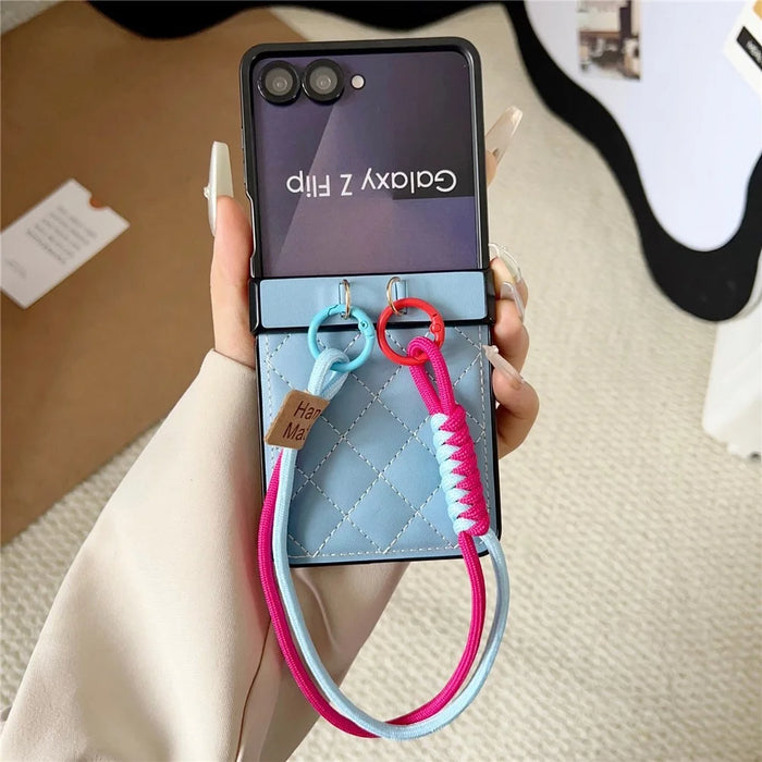 For Samsung Galaxy Z Flip8 Case Air Cushion V-Pattern Diamond Grid Leather + PC Phone Cover with Lanyard - Blue - 2