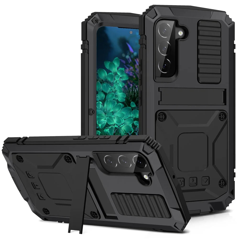 R-JUST For Samsung Galaxy S23+ Waterproof Drop-Proof Case Kickstand Back Cover with Tempered Glass - Black - 1