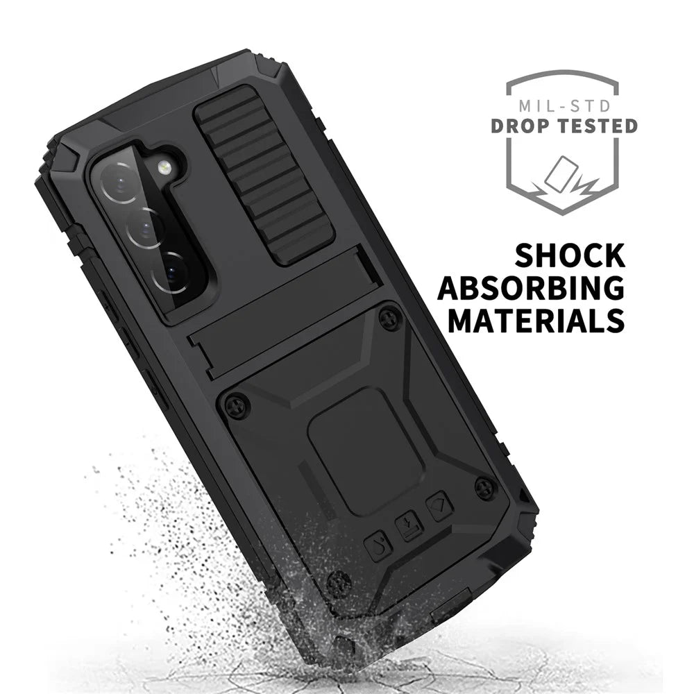 R-JUST For Samsung Galaxy S23+ Waterproof Drop-Proof Case Kickstand Back Cover with Tempered Glass - Black - 4