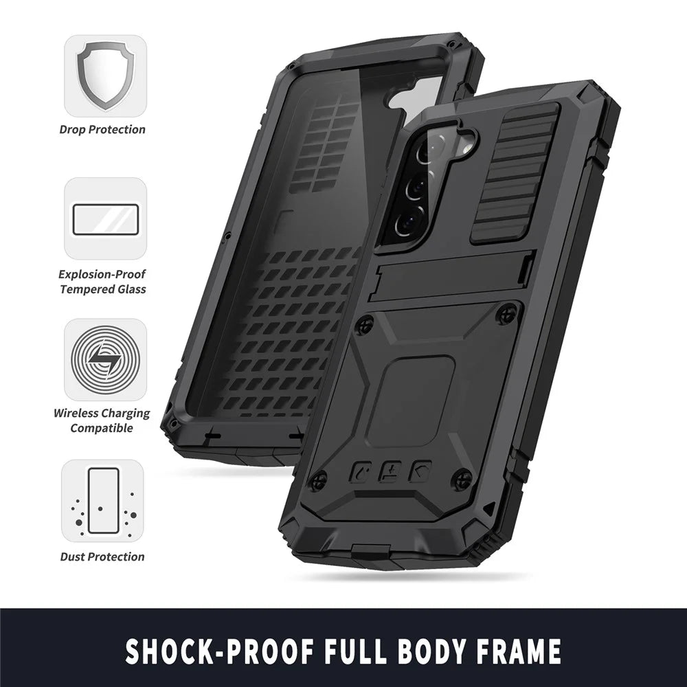 R-JUST For Samsung Galaxy S23+ Waterproof Drop-Proof Case Kickstand Back Cover with Tempered Glass - Black - 6