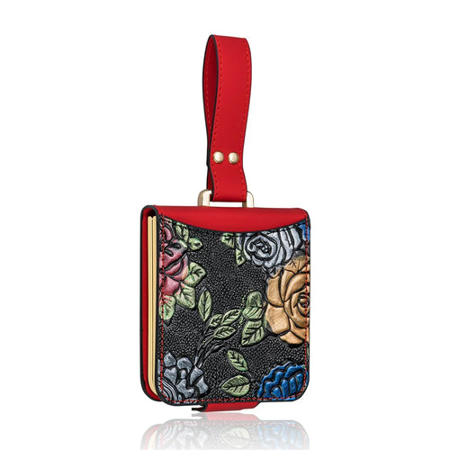 For Samsung Galaxy Z Flip8 Kickstand Case Flower Pattern Leather + PC Phone Cover with Back Film - Red - 1