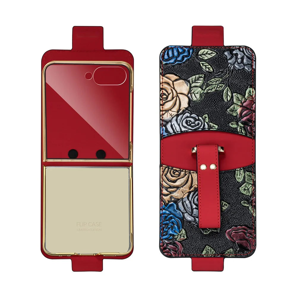 For Samsung Galaxy Z Flip8 Kickstand Case Flower Pattern Leather + PC Phone Cover with Back Film - Red - 2