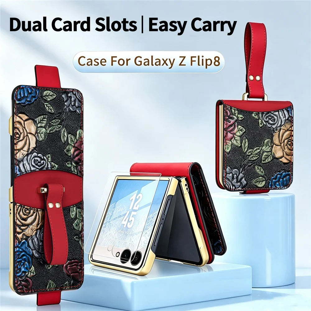 For Samsung Galaxy Z Flip8 Kickstand Case Flower Pattern Leather + PC Phone Cover with Back Film - Red - 3