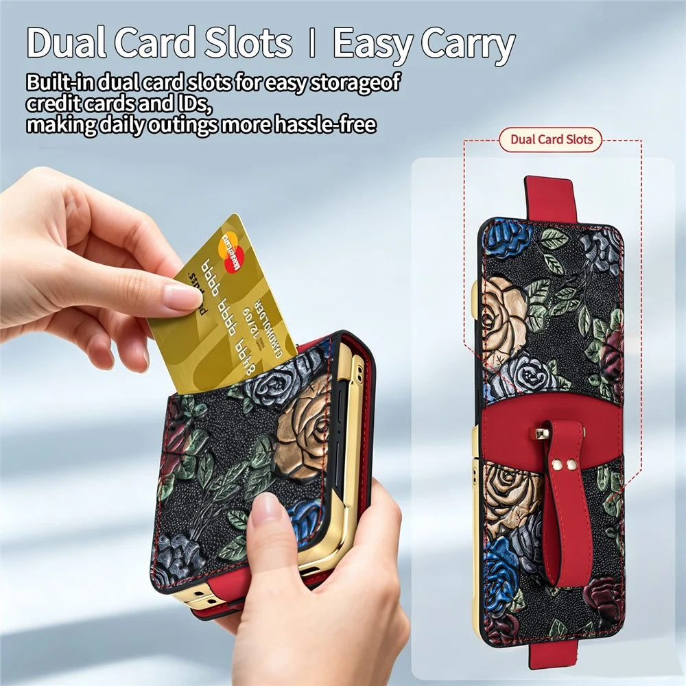 For Samsung Galaxy Z Flip8 Kickstand Case Flower Pattern Leather + PC Phone Cover with Back Film - Red - 4