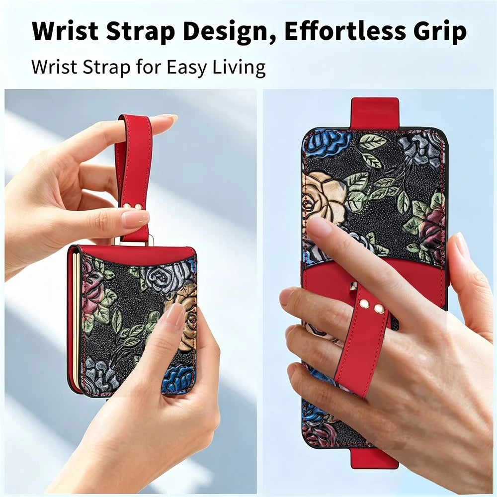 For Samsung Galaxy Z Flip8 Kickstand Case Flower Pattern Leather + PC Phone Cover with Back Film - Red - 5