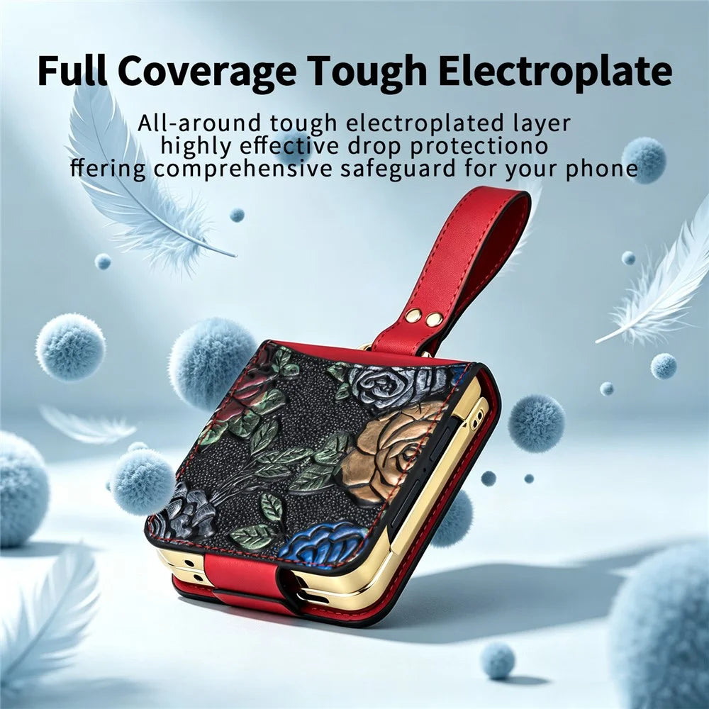 For Samsung Galaxy Z Flip8 Kickstand Case Flower Pattern Leather + PC Phone Cover with Back Film - Red - 6