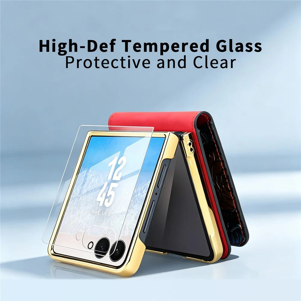 For Samsung Galaxy Z Flip8 Kickstand Case Flower Pattern Leather + PC Phone Cover with Back Film - Red - 7