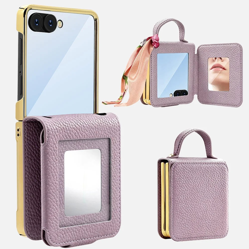 For Samsung Galaxy Z Flip8 Case PU Leather + PC Tote Phone Cover with Mirror - Purple - 2