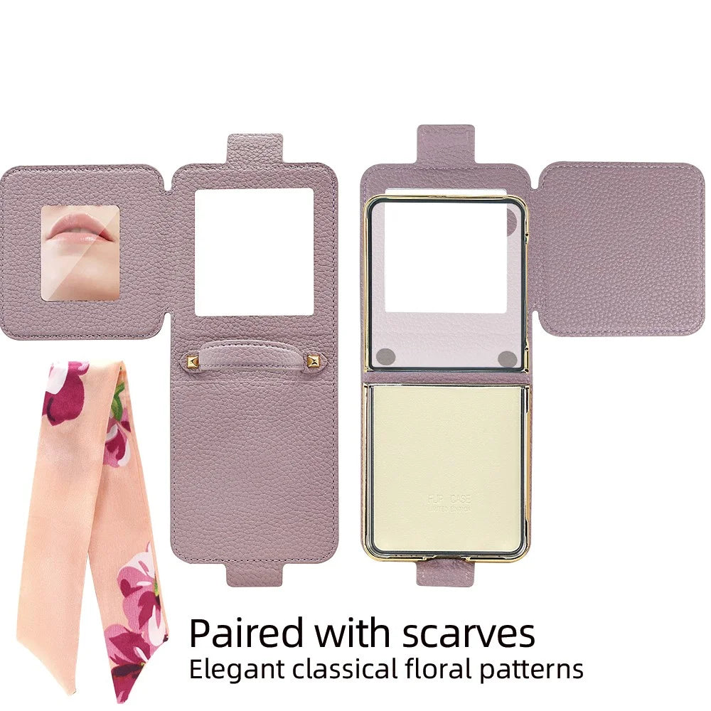 For Samsung Galaxy Z Flip8 Case PU Leather + PC Tote Phone Cover with Mirror - Purple - 3