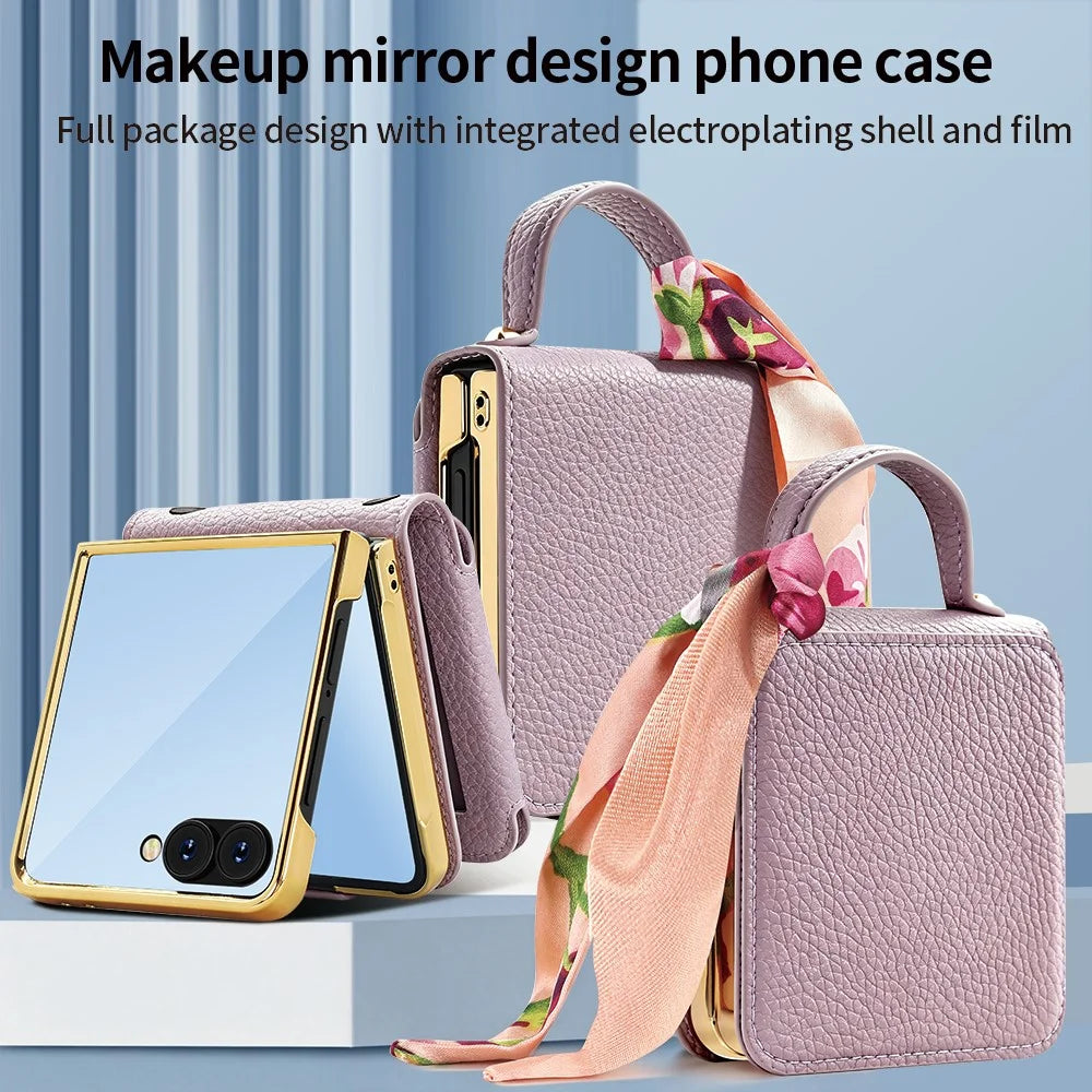For Samsung Galaxy Z Flip8 Case PU Leather + PC Tote Phone Cover with Mirror - Purple - 4