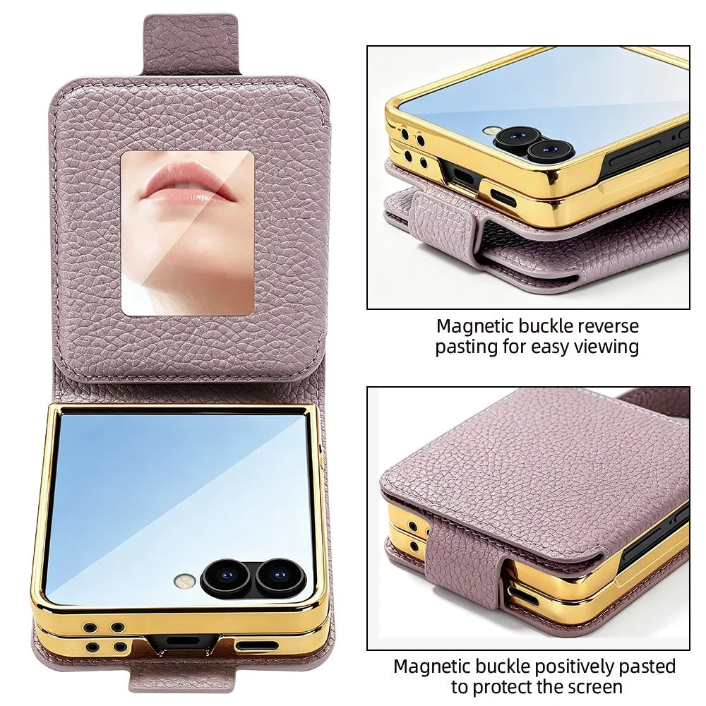 For Samsung Galaxy Z Flip8 Case PU Leather + PC Tote Phone Cover with Mirror - Purple - 5