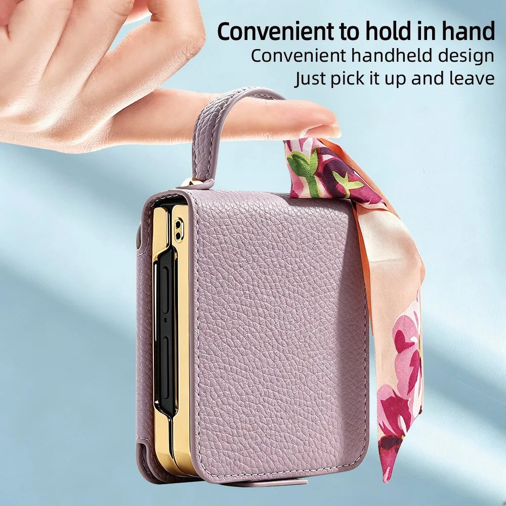 For Samsung Galaxy Z Flip8 Case PU Leather + PC Tote Phone Cover with Mirror - Purple - 7