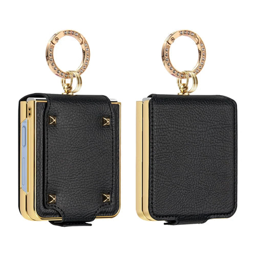 For Samsung Galaxy Z Flip8 Case PU + PC Protective Phone Cover with Finger Holder - Black - 1