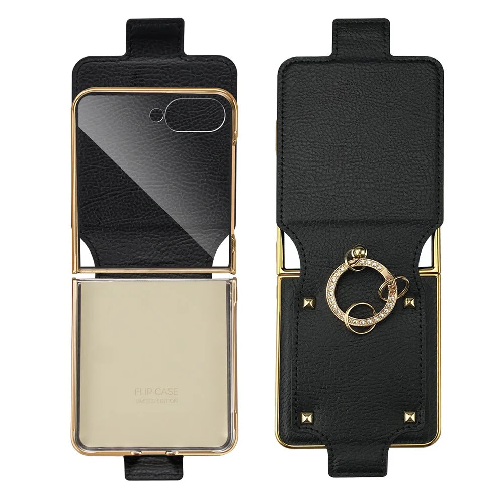 For Samsung Galaxy Z Flip8 Case PU + PC Protective Phone Cover with Finger Holder - Black - 2