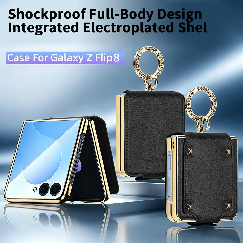 For Samsung Galaxy Z Flip8 Case PU + PC Protective Phone Cover with Finger Holder - Black - 3