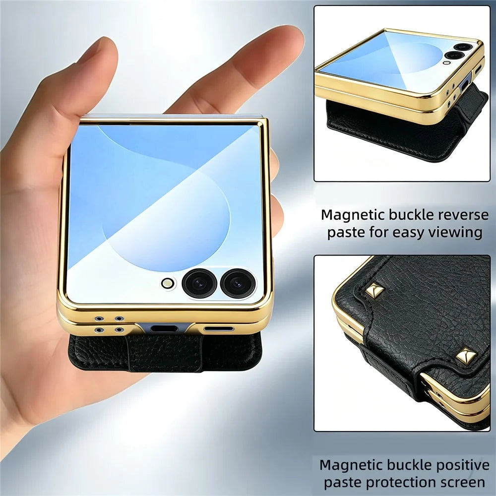 For Samsung Galaxy Z Flip8 Case PU + PC Protective Phone Cover with Finger Holder - Black - 4