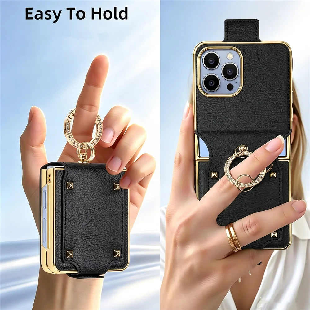 For Samsung Galaxy Z Flip8 Case PU + PC Protective Phone Cover with Finger Holder - Black - 6
