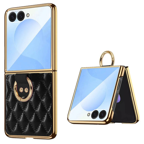 For Samsung Galaxy Z Flip8 Case Rhombus Grid Phone Cover with Tempered Glass Film - Black - 1