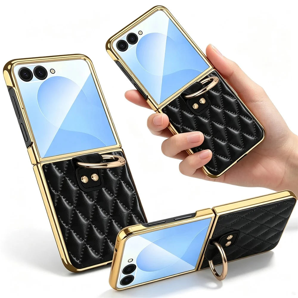 For Samsung Galaxy Z Flip8 Case Rhombus Grid Phone Cover with Tempered Glass Film - Black - 3