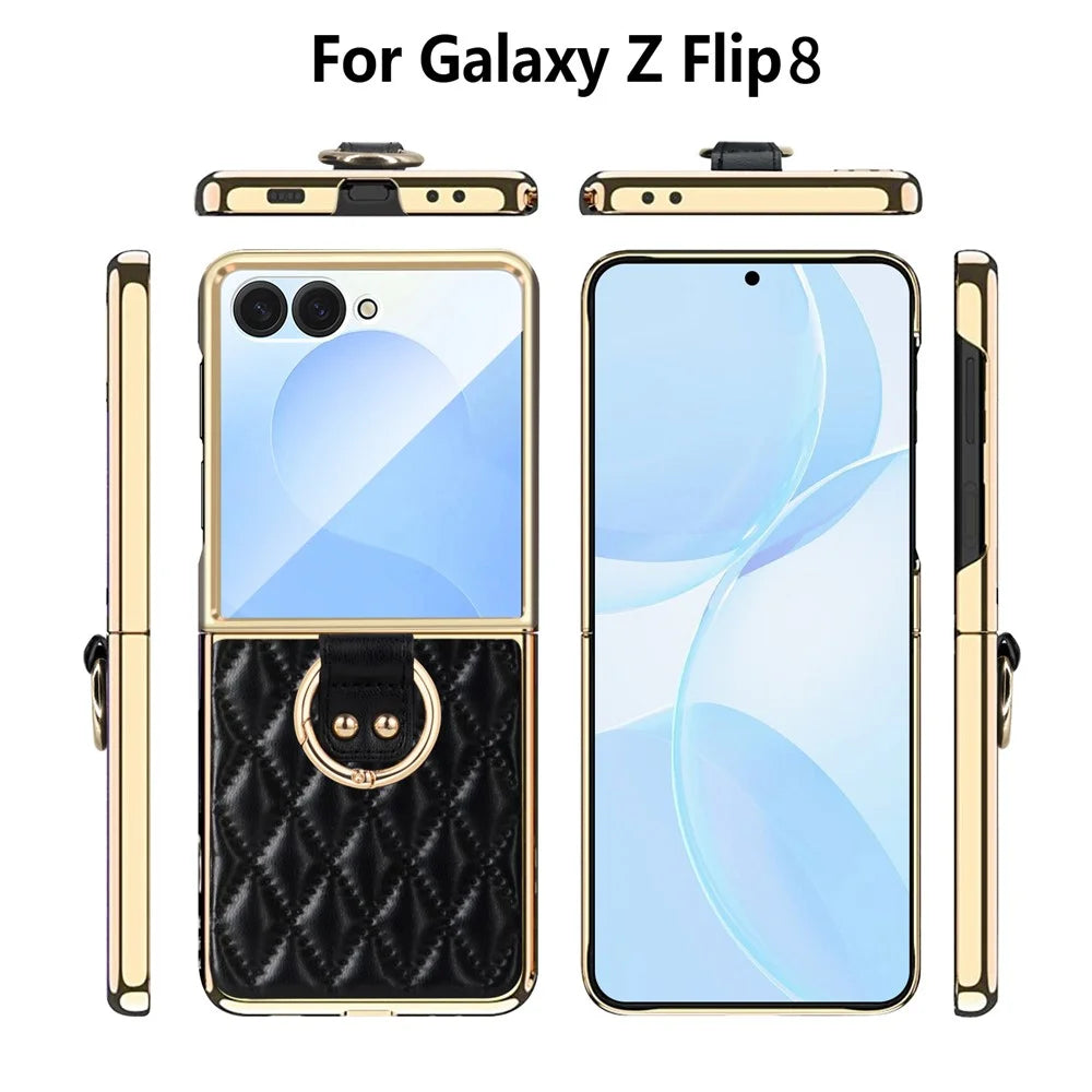 For Samsung Galaxy Z Flip8 Case Rhombus Grid Phone Cover with Tempered Glass Film - Black - 4