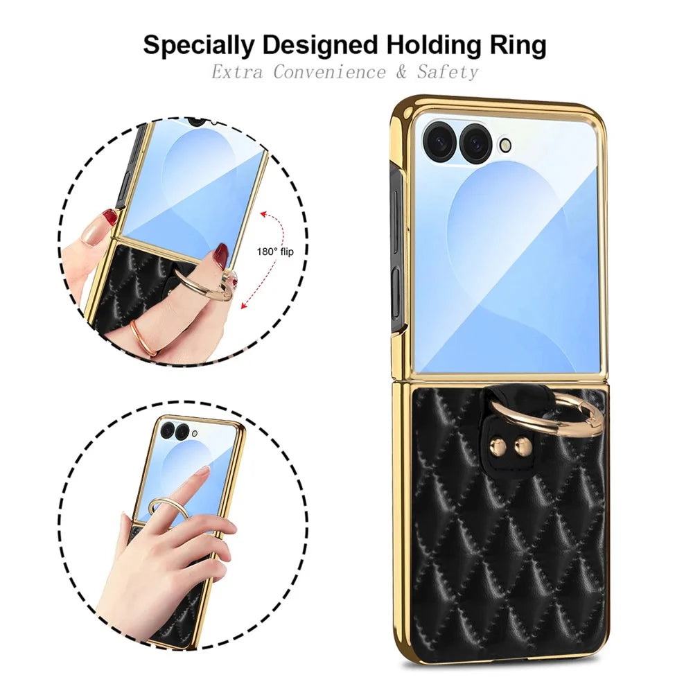 For Samsung Galaxy Z Flip8 Case Rhombus Grid Phone Cover with Tempered Glass Film - Black - 7