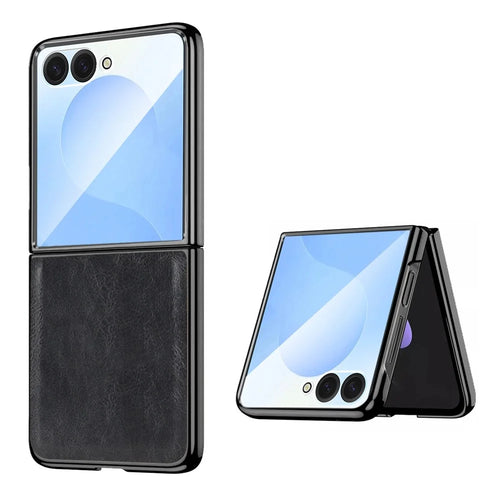 For Samsung Galaxy Z Flip8 Case Crazy Horse Texture PU Leather + PC Anti-Slip Phone Cover Built-in Screen Protector - Black - 1