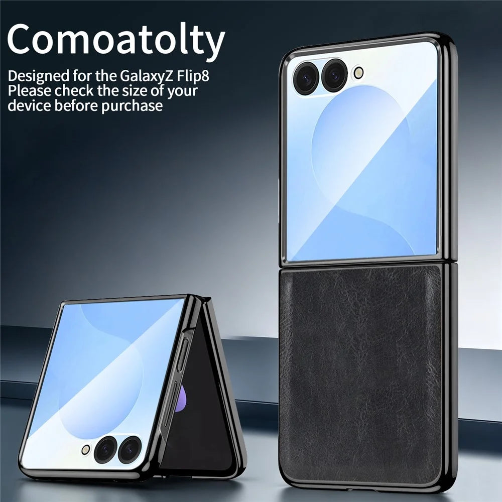 For Samsung Galaxy Z Flip8 Case Crazy Horse Texture PU Leather + PC Anti-Slip Phone Cover Built-in Screen Protector - Black - 3