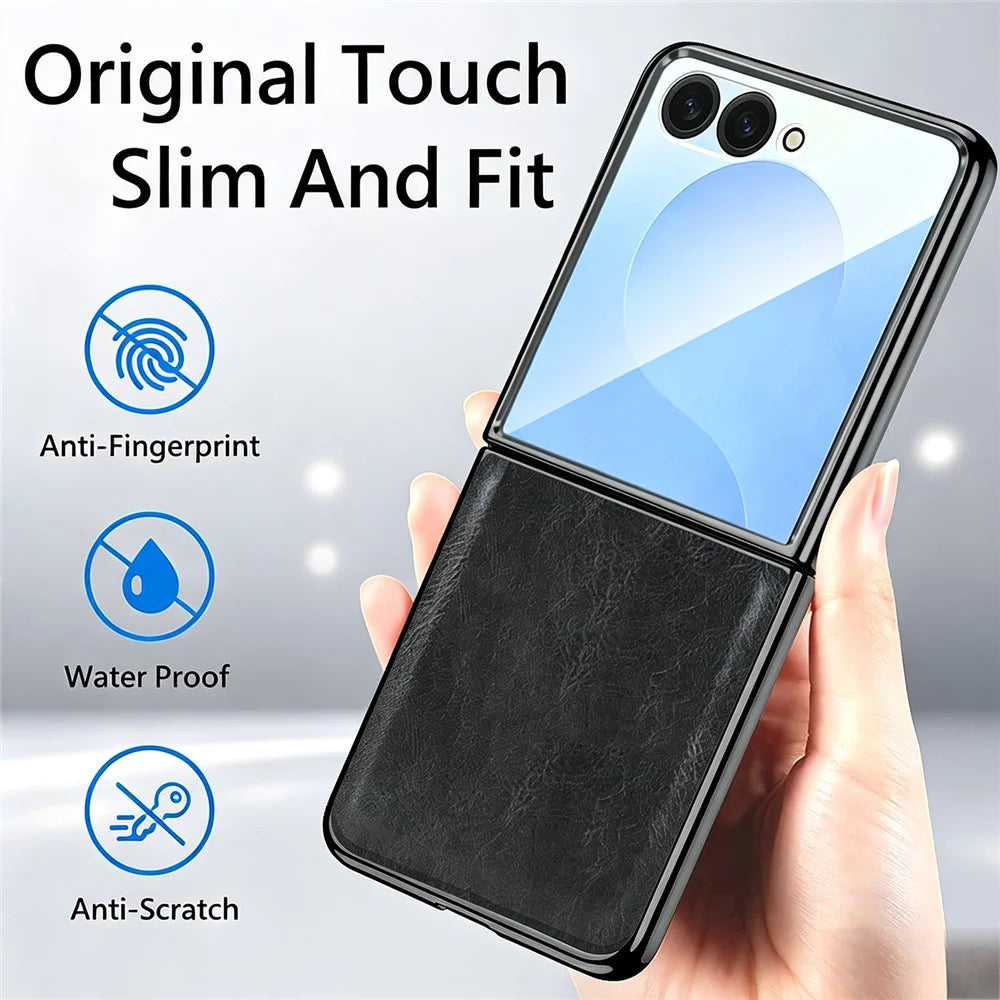 For Samsung Galaxy Z Flip7 5G Case Crazy Horse Texture PU Leather + PC Anti-Slip Phone Cover Built-in Screen Protector - Black - 4