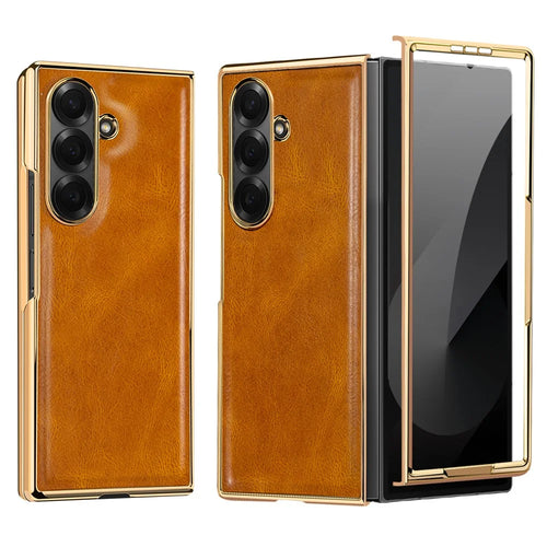 For Samsung Galaxy Z Fold8 Ultra Case Crazy Horse Texture PU Leather + PC Anti-Slip Phone Cover Built-in Screen Protector - Brown - 1