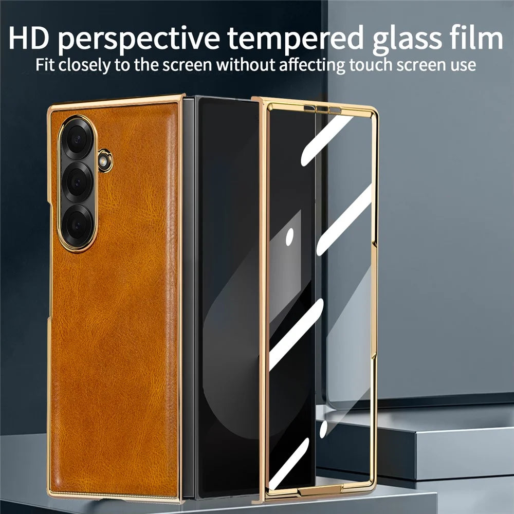 For Samsung Galaxy Z Fold8 Ultra Case Crazy Horse Texture PU Leather + PC Anti-Slip Phone Cover Built-in Screen Protector - Brown - 2