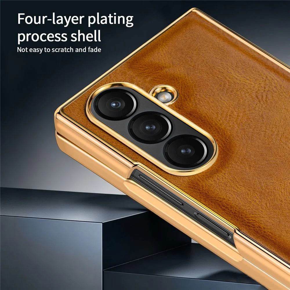 For Samsung Galaxy Z Fold8 Ultra Case Crazy Horse Texture PU Leather + PC Anti-Slip Phone Cover Built-in Screen Protector - Brown - 4