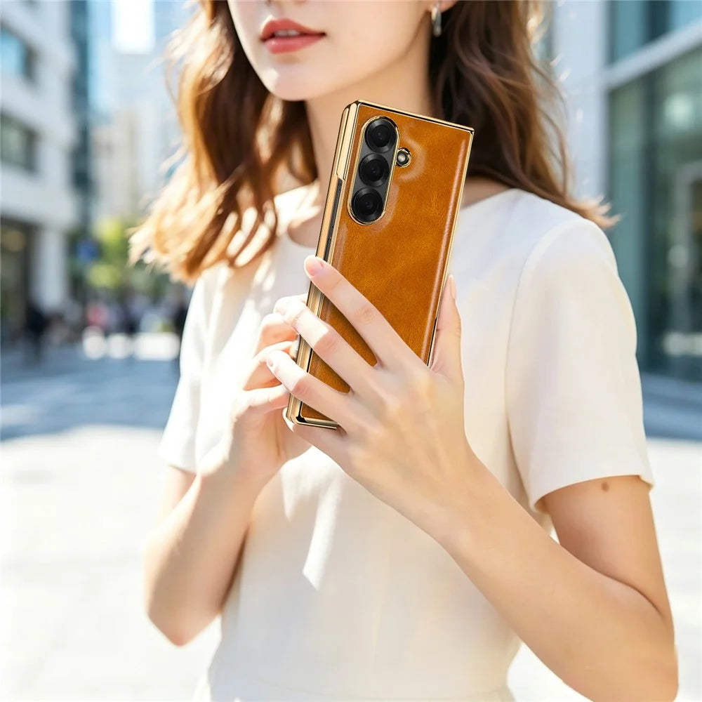 For Samsung Galaxy Z Fold8 Ultra Case Crazy Horse Texture PU Leather + PC Anti-Slip Phone Cover Built-in Screen Protector - Brown - 6