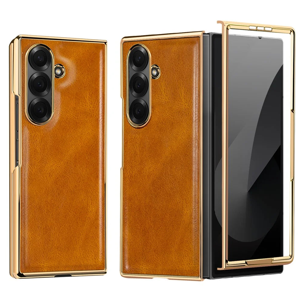 For Samsung Galaxy Z Fold7 5G Case Crazy Horse Texture PU Leather + PC Anti-Slip Phone Cover Built-in Screen Protector - Brown - 1