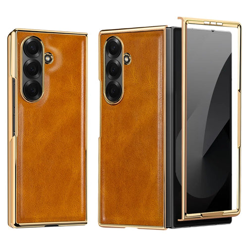 For Samsung Galaxy Z Fold7 5G Case Crazy Horse Texture PU Leather + PC Anti-Slip Phone Cover Built-in Screen Protector - Brown - 1
